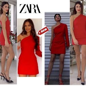 Zara red one shoulder asymmetrical blazer mini dress Sz S NWT